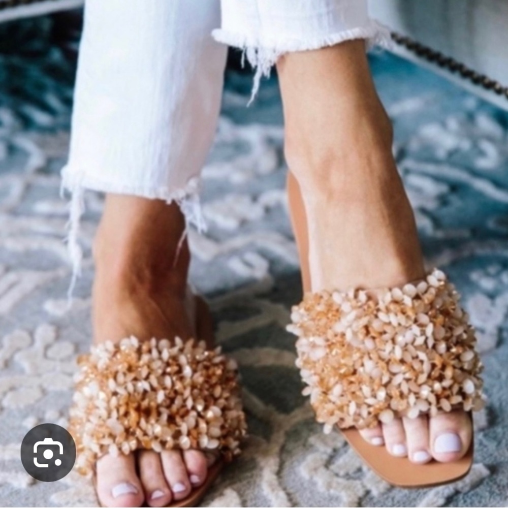 Tory Burch Logan Leather Crystal Slides Rose/Natural Vachetta Size 6/12.